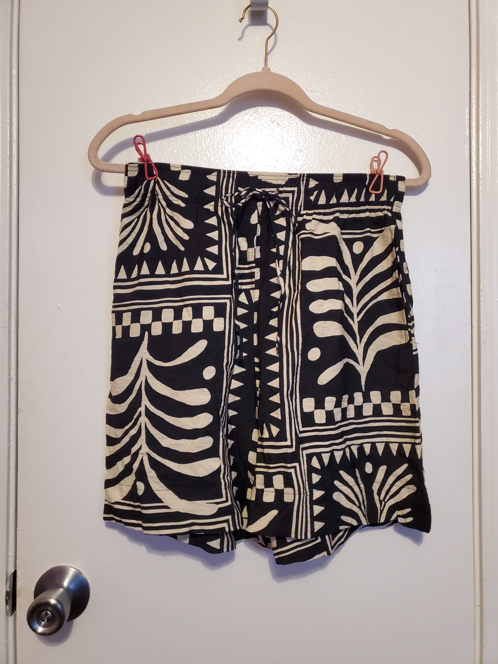 H&M Black and Cream Geometric Bermuda Boho Drawstring Shorts